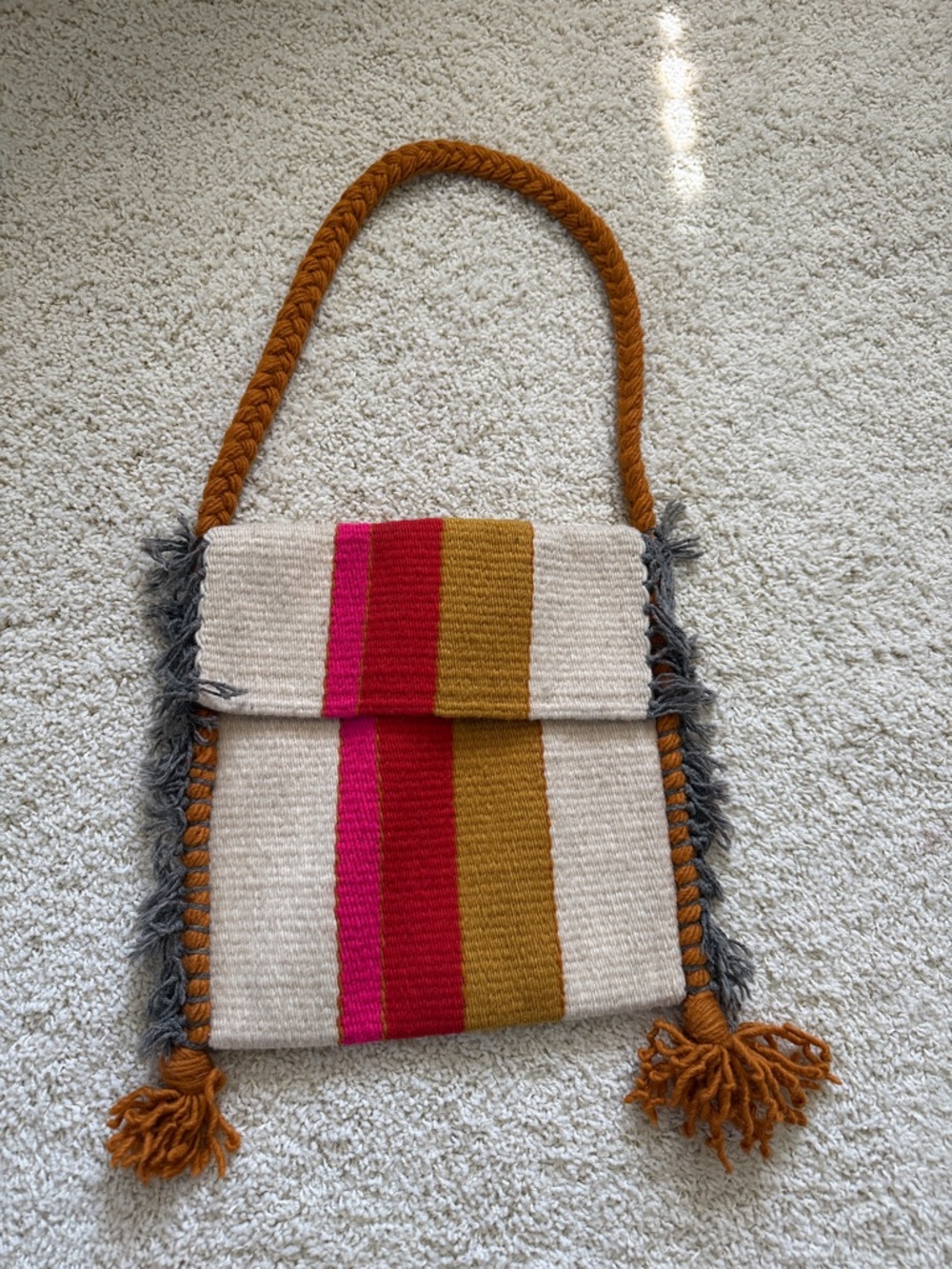 Woven Wool Stripe Shoulder Bag in Cream, Pink & Mustard